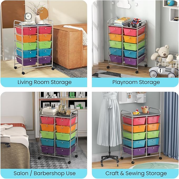 BECOMFORT 10-Drawer Rolling Cart with Drawers, Storage Cart on Wheels, Teacher Classroom Organizers with Metal Frame, Mobile Craft Cart, Trolley Utility Cart for School Office Play Room