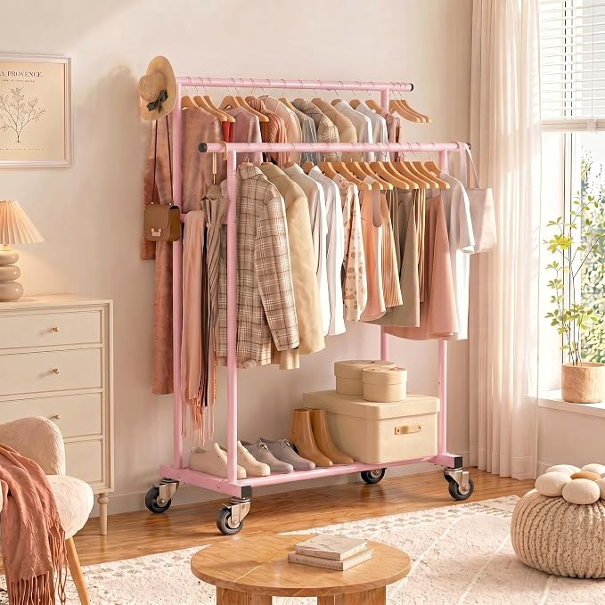 Calmootey Rolling Garment Rack with 2 Rods, Clothes Organizer for Bedroom | High-Low Rods, Two Lockable Wheels, Sturdy Metal Frame, Space-Saving, Fits Laundry, Living Room, Pink