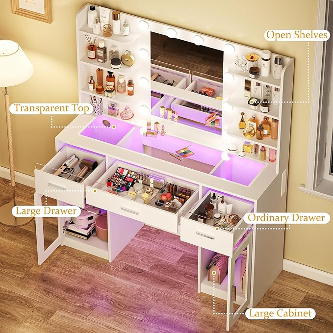 HUAHUU Vanity Desk, Makeup Vanity Desk with Mirror and Lights 3 Colors, Transparent Top with 3 RGB Drawers, 6 Shelves, 2 Large Tempered Cabinets, Power Outlet, for Bedroom, White