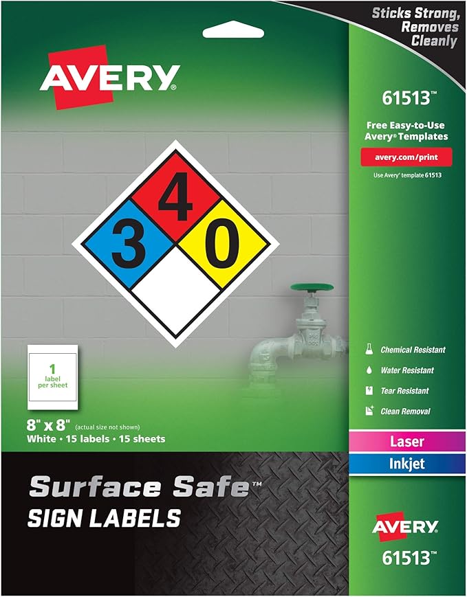 Avery Printable Warning Signs, 8" x 8", Water/Chemical Resistant, 15 Removable Labels (61513)