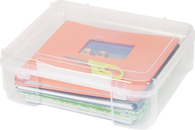 IRIS USA Fits 12" x 12" Paper, Thick Portable Plastic Scrapbook Project Case with Built-in Handle for Art and Craft Supplies, Yarn, File, Paper, Office Documents, Toys, Rounded Corner, Clear