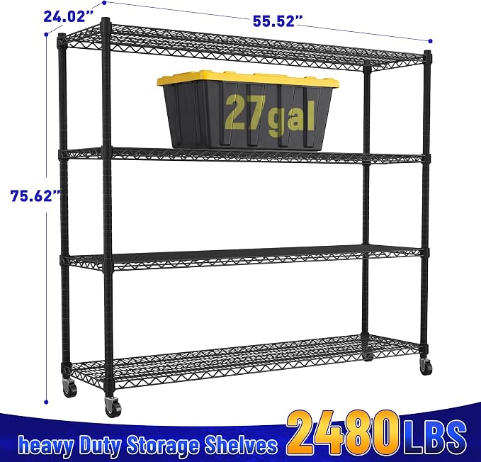 REIBII 2480LBS Capacity Heavy Duty Storage Shelves with Wheels, 1-Inch (25.4mm) Steel Tube, Adjustable Wire Shelving for Garage, Warehouse, Pantry & Commercial Use, 75.6" H x 55.5" W x 24" D