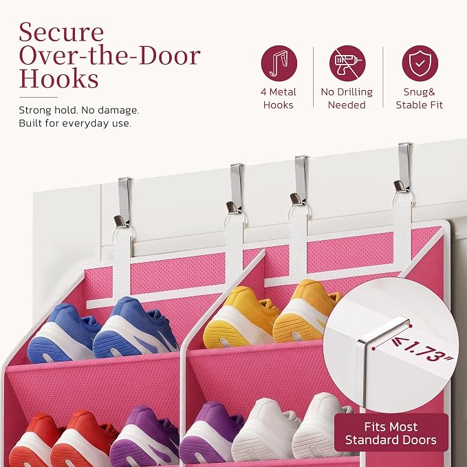 Criusia Over the Door Shoe Organizer, 20-30 Pairs Heavy-Duty Hanging Shoe Storage with Large Pockets, 10-Tier Door Shoe Rack with 4 Hooks for Sneakers Sandals Heels Boots (Pink)