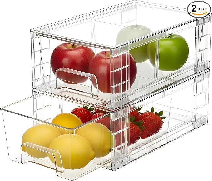 2 Pack Stackable Storage Drawers,Plastic Organizers Bins, Drawers Storage with Handles and Movable Dividers for Organization and Storage in Fridge,Bathroom, Pantry, Kitchen Cabinets, Under Sink