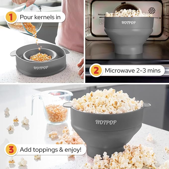 The Original Hotpop Microwave Popcorn Popper, Silicone Popcorn Maker, Collapsible Bowl BPA-Free and Dishwasher Safe- 20 Colors Available (Gray) (Pack of 2)