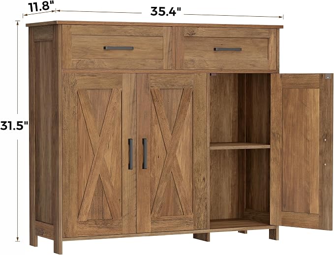 Homhedy Sideboard Buffet Cabinet, Coffee Bar Storage Cabinet with Drawers and Doors, Farmhouse Kitchen Cabinet with Adjustable Shelves, for Kitchen, Dining Room, Living Room, Rustic Walnut