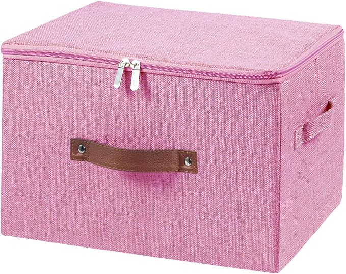 Storage Bins with Zipper Lid Foldable Fabric Lidded Storage Boxes Baskets Cubes Washable Collapsible PU Leather Handle Cotton Linen Shelves Closet Organizer Container(Pink, Large Size)