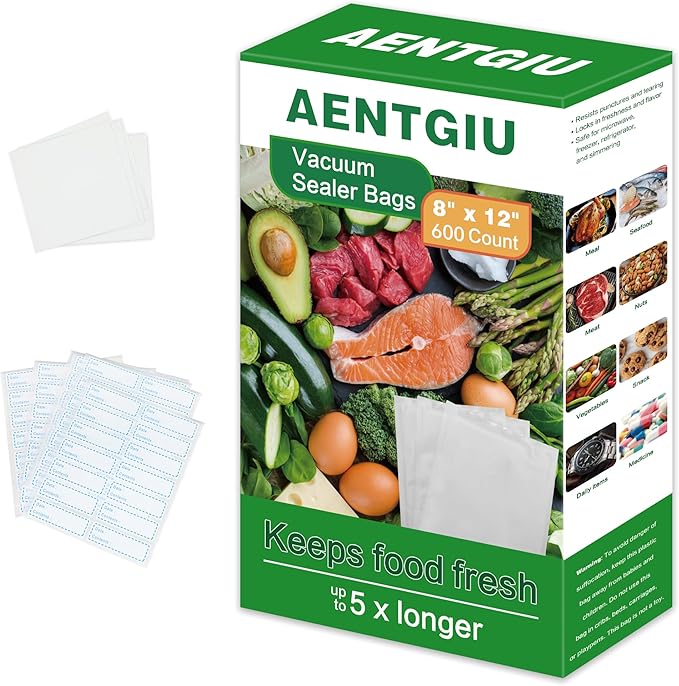600 Vacuum Sealer Bags For Food 8x12 Inch, BPA Free Quart Freezer Sealed Bags, Compatible with All Heat Vacuum Sealers Machine, Heavy Duty, Ideal for vac storage, Meal Prep or Sous Vide