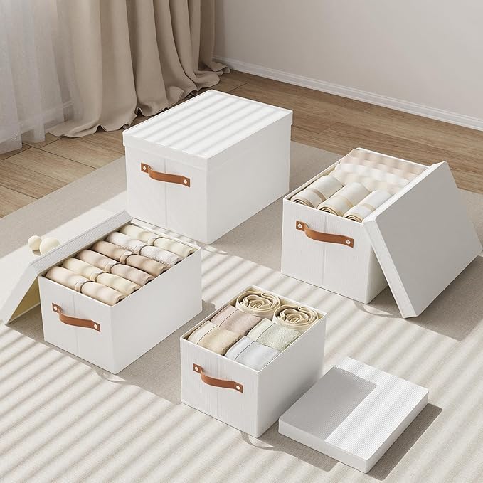 Storage Boxes with Lids, 10.2×7.8×6.7 Inch Storage Baskets, Closet Organizers for Shelves Organizing with Handles, White, 5-Pack