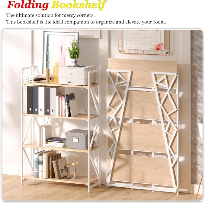 UDD No Assembly Wide Folding Bookshelf, 50.8" H x 30.9" W, 4 Tier Foldable Book Shelf Industrial Bookcase, Vintage Collapsible Storage Shelves for Home Office Living Room Bedroom, Light Oak White