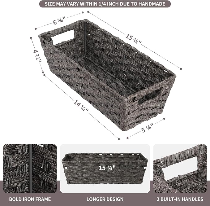 2-Pack Plastic Wicker Toilet Paper Baskets, 15.75"x6.75"x4.75", Dark Grey | Versatile woven bins for bathroom, toilet tank, shelf organization, and home decor.