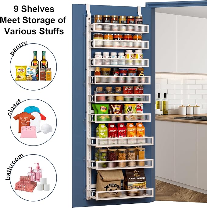 Over the Door Pantry Organizer 9 Tiers Hanging Door or Wall Mounted Spice Rack with Adjustable Acrylic Basket,Heavy Duty Metal Seasoning Storage Shelf for Kitchen Pantry and Bathroom White