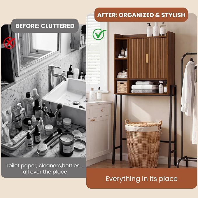 31" W Over The Toilet Storage Cabinet with Fluted Door,Bathroom Organizers and Storage with Adjustable Shelves, Mordern Over Toilet Organizer for Bathroom,Restroom,Laundry,Walnut