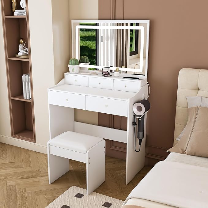 Small Makeup Vanity Desk with Large Mirror and Lights, Vanity Table with 5 Storage Drawer & Open Shelves, 3 Lighting Colors,LED Mirror Adjustable Brightness White Makeup Vanity