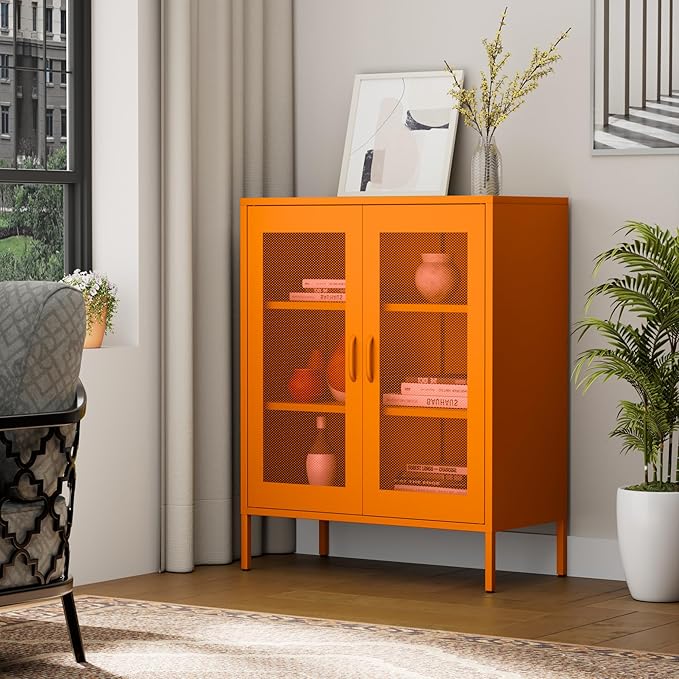 Ustamio Orange Metal Storage Cabinet with Mesh Doors, Small Office Cabinet with 2 Adjustable Shelves, Accent Metal Locker Storage Cabinet for Home, Office, Living Room, Hallway
