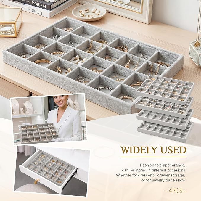 Unittype Set of 4 Stackable Jewelry Organizer Tray for Drawer Inserts Velvet Necklace Earring Bracelet Ring Holder Jewelry Display Storage Box for Bangle Stud Necklace Ring(24 Grid,Gray)