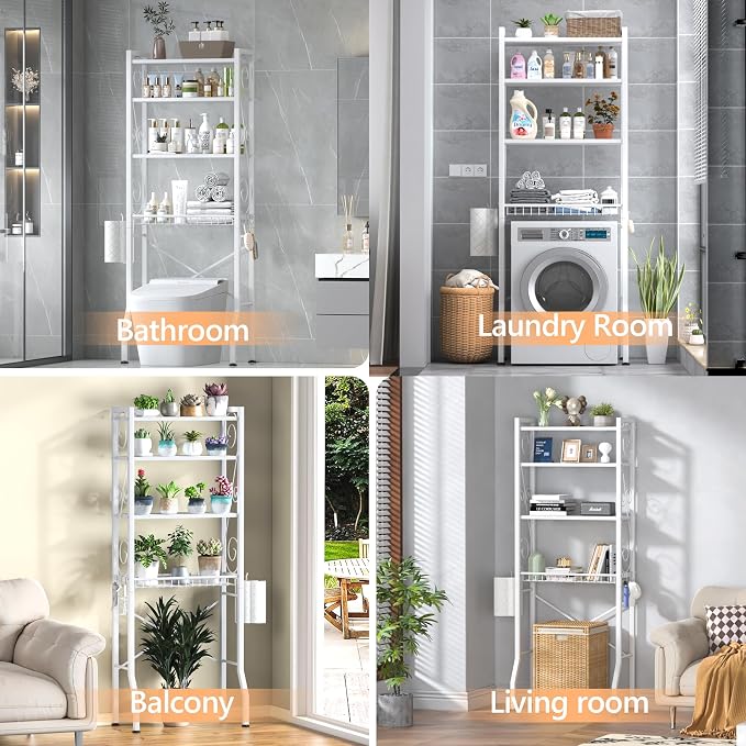 Aduanbang 4 Tier Over The Toilet Storage Rack, Bathroom Organizer Shelf with Basket, Adjustable Shelves, Freestanding Space Saver for Small Bathrooms (White)