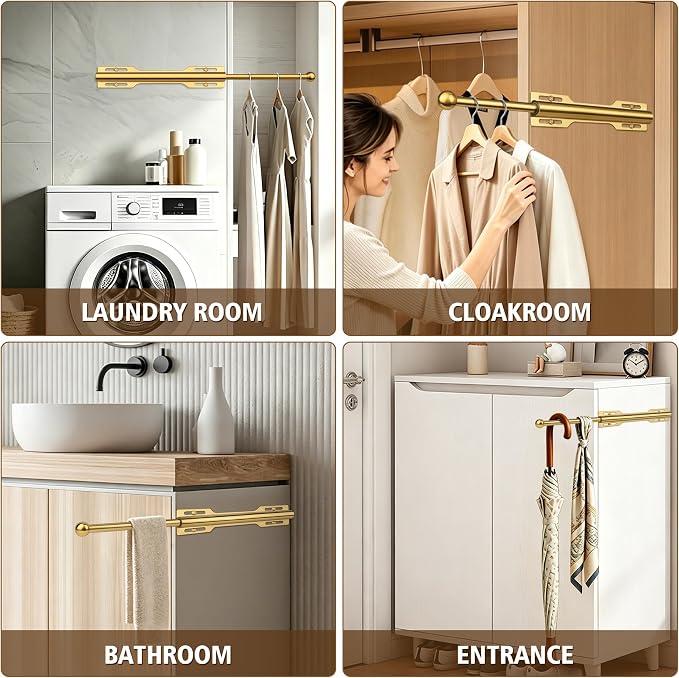 Valet Rod for Closet Pull Out, 12" Adjustable extending closet rod, Standard Retractable closet rod organization rack, Valet Clothing Hanger Rods Extender for Wardrobe Laundry Bathroom (Brushed Gold)