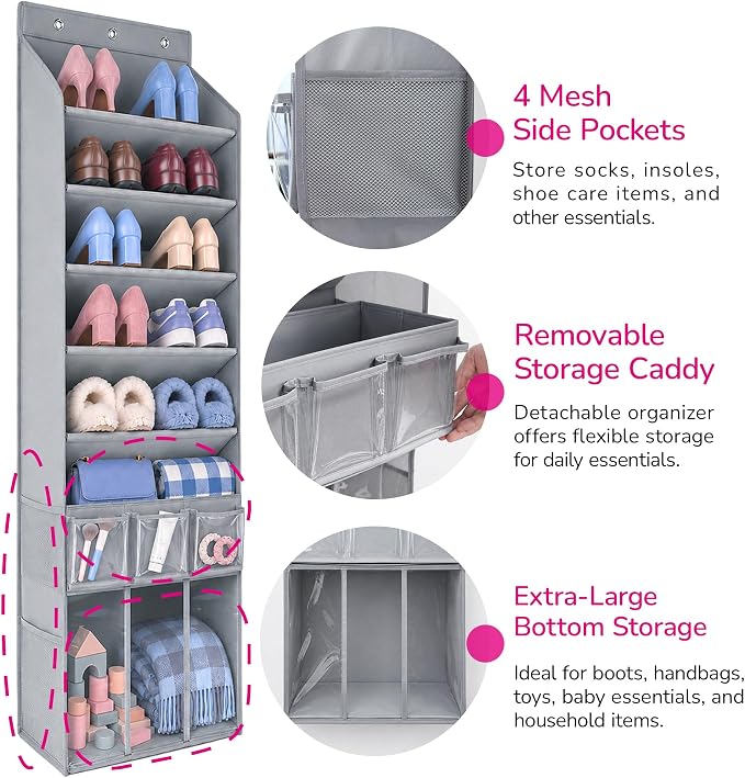 3in1 Over The Door Shoe Organizer with 5 Slanted Compartments,Removable Storage Bin & Transparent Pockets,Thickened Waterproof Oxford Fabric Shoes Rack for Shoes,Boots,Toys,Daily Essentials. (Grey)