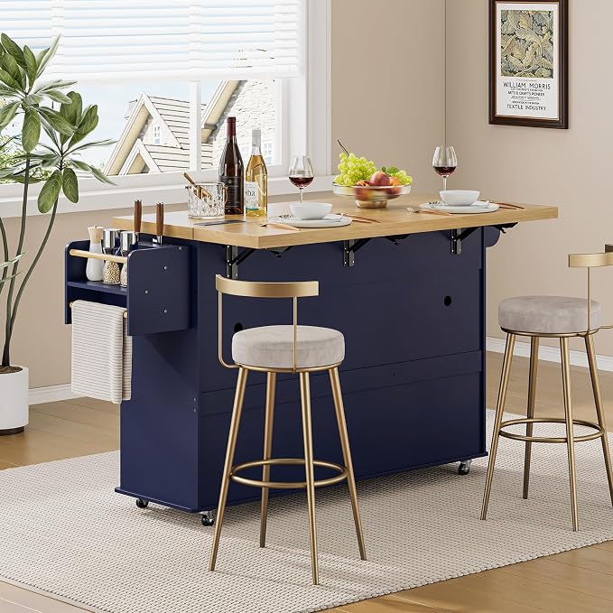 ONBRILL 60" Kitchen Island with Power Outlet & Drop Leaf, Rolling Island with Spice Rack & Towel Rack, Kitchen Island Cart with Trash Storage Cabinet, Island Table for Kitchen, Blue