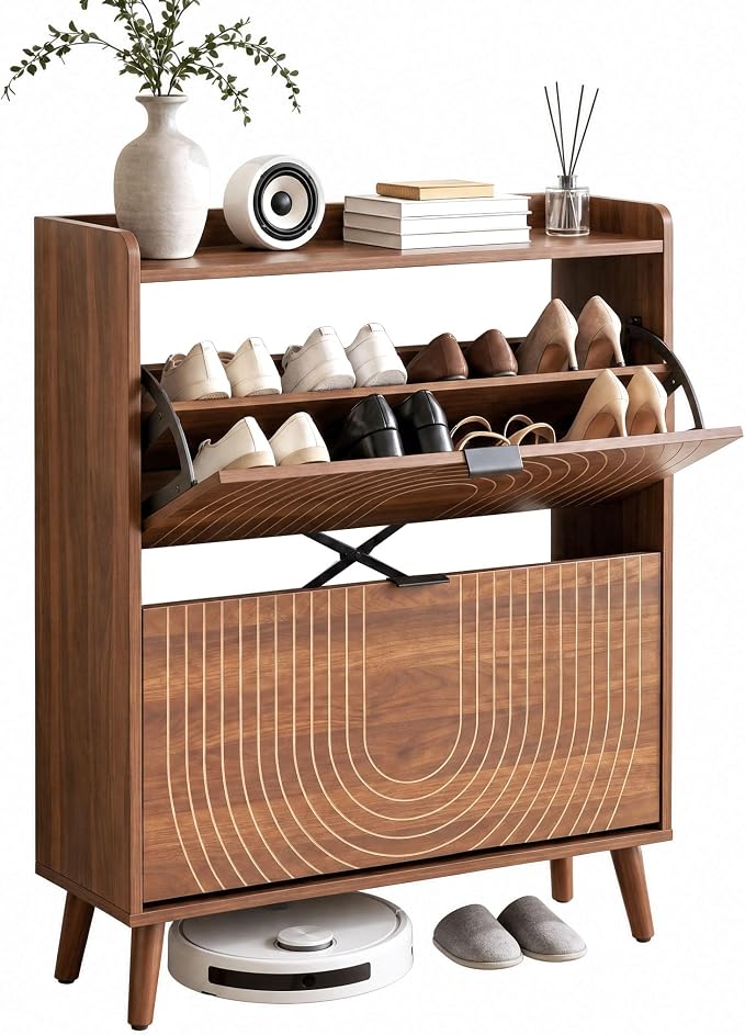 Arch-Chic Shoe Cabinet for Entryway with 2 Flip Drawers, Freestanding Shoe Storage Cabinet for Entryway, Narrow Wood Shoe Organizer for Foyer, Front Door, Hallway