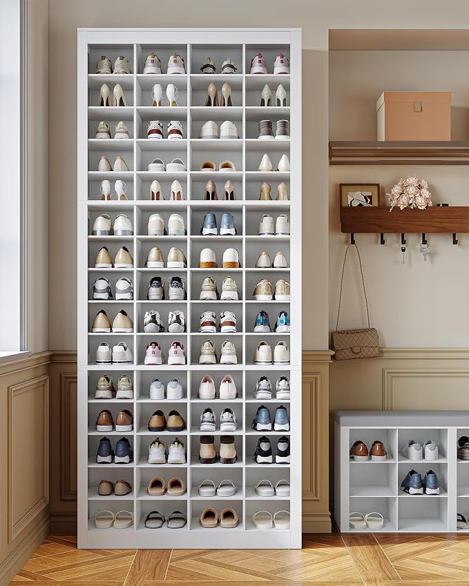 Hzuaneri Shoe Storage Cabinet, 60 Pairs Free Standing Closet Organizer, 9 inch Widened Cell Wood Shoe Organizer, 15 Tiers Vertical Space Saving Shoe Rack for Entryway, Cloakroom, White SR49603X