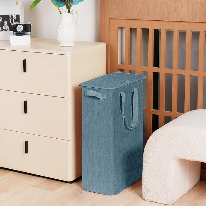 efluky Slim Laundry Basket with Lid, Narrow Laundry Hamper with Handles, Collapsible Dirty Clothes Hamper, Tall Laundry Bin for Laundry Room, Dorm and Bedroom, 55L Denim Blue