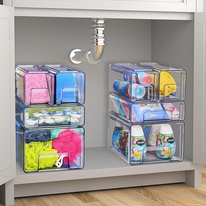 Sorbus Medium Clear Stackable Storage Drawers 4-Pack Plastic Organizer Bins with Handles Pull-Out Drawers for Bathroom Closet, Medicine, Cabinet, Pantry Storage, Baby Bottle Organizer