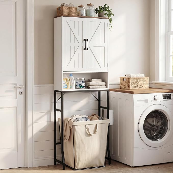 23.6" Over The Toilet Storage Cabinet with Barn Door,Bathroom Organizers and Storage with Adjustable Shelves, Farmhouse Over Toilet Organizer for Bathroom,Restroom,Laundry,White
