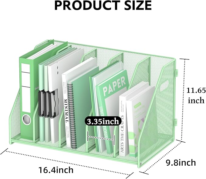 SUPEASY Binder Organizer, Magazine File Holder with 5 Vertical Compartments Rack, Metal Desk File Organizer & Binder Holders, Magazine Organizers for Office Desktop, Home, School (Green)