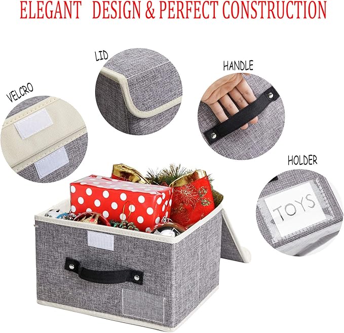 Small Storage Bins with Lids 2 Pack Linen Collapsible Cube Storage Basket with Handle, Jane's Home Foldable Fabric Storage Box with lids for Clothes Closet, Ornament Grey