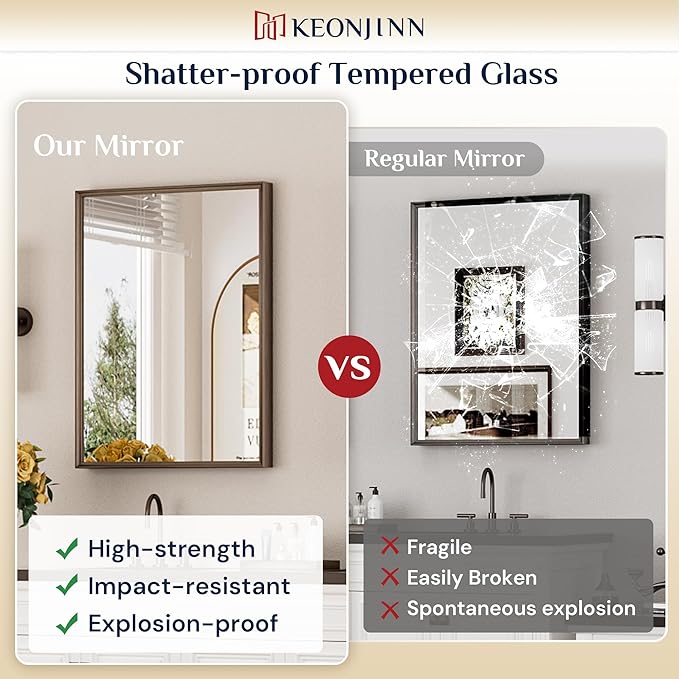 Keonjinn 16 x 20 Inch Small Stainless Steel Framed Mirror, Brushed Bronze Bathroom Vanity Mirror, Anti-Rust, Curved Edge, Shatter-Proof Tempered Glass, Square Rectangle Wall Mirrors for Over Sink