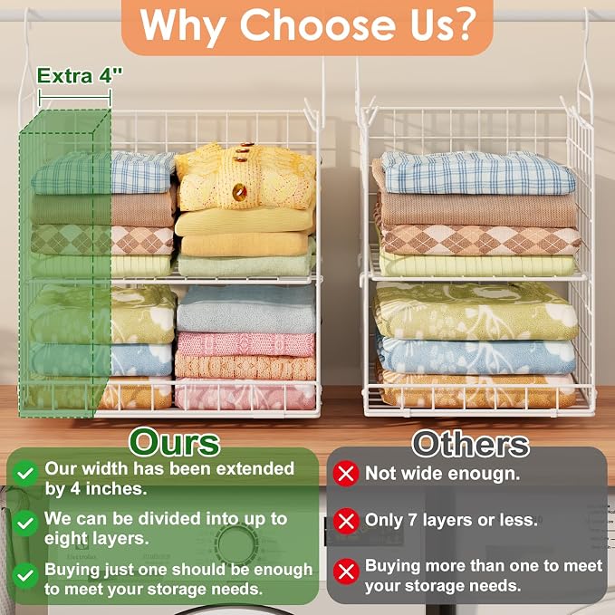 Yuyetuyo Stackable Hanging Closet Organizer, 8 Tier Wire Storage Shelves | Adjustable Detachable Foldable Heavy Duty