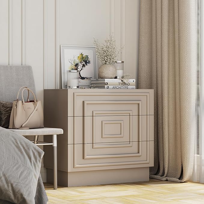 Aoikax Modern 3-Drawer Dresser, Sculptural Mid-Century Drawer of Chest with Geometric Square Pattern, Contemporary Accent Dresser for Bedroom, Living Room, Taupe Color