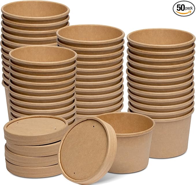 GUSTO 8 oz. Kraft Paper Food Containers with Vented Lids [50 Count] To Go Hot Soup Bowls, Disposable Ice Cream Cups, Ideal for Hot and Cold Foods - (Formerly Comfy Package)