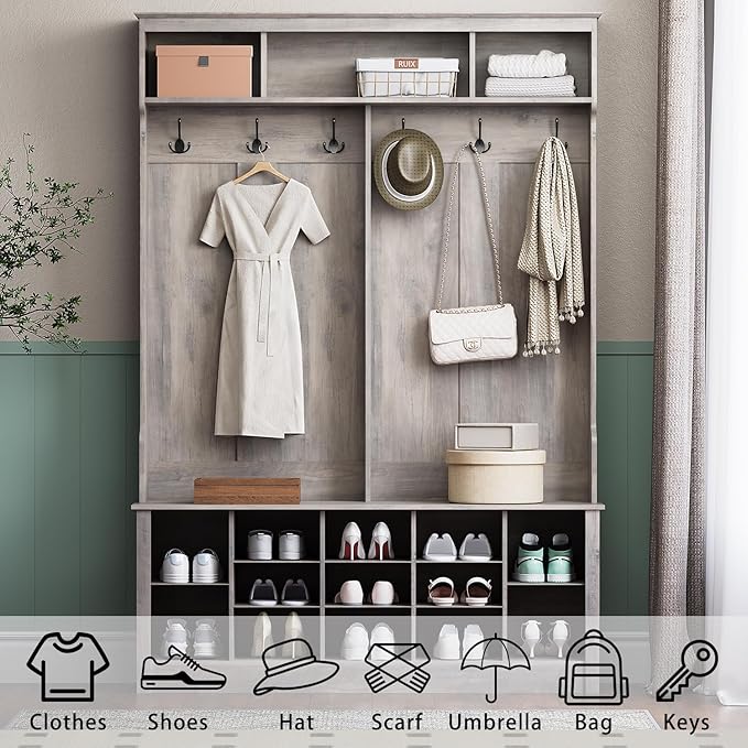 Wodeer Hall Tree with Bench and Shoe Storage, 53" Farmhouse 4-in-1 Mudroom Storage Organizer with Coat Rack, 6 Hooks, 12 Shoe Cubbies, Adjustable Shelf, for Entryway, Hallway, Living Room, Grey