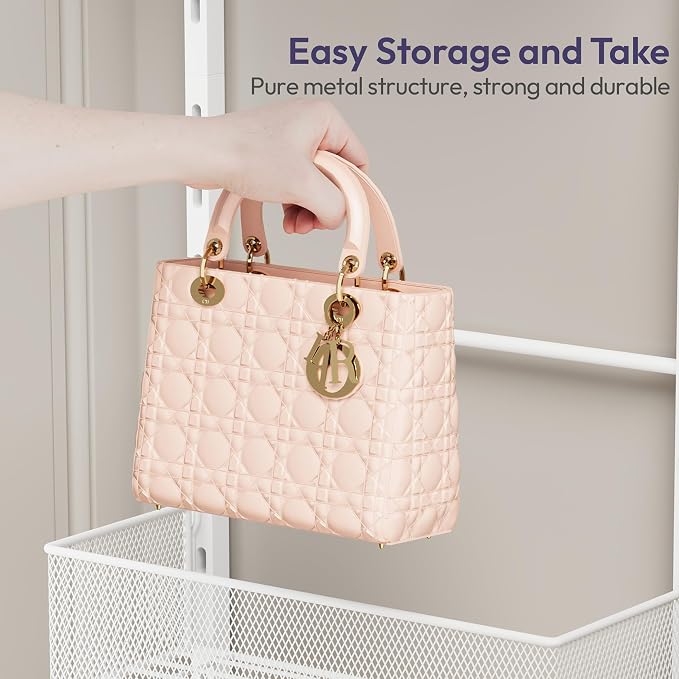 SWTYMIKI Over the Door Purse Organizer - Wall Mounted Purse Rack with 4 Adjustable Metal Basket and 6 Hooks, Hanging Bag Rack for Handbag Organizer, Bag Storage Can Use As 1/2 Part, for Door