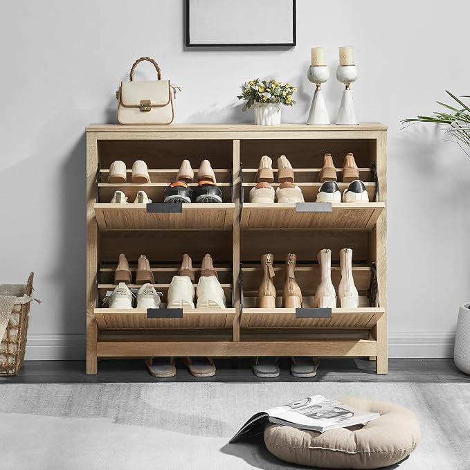 4 Flip Drawers Shoe Cabinet Storage for Entryway, Narrow Hidden Shoes Cabinet Organizer Front Door Entrance Thin Free Standing Front Door Shoe Rack Storage for Entryway(Oak)