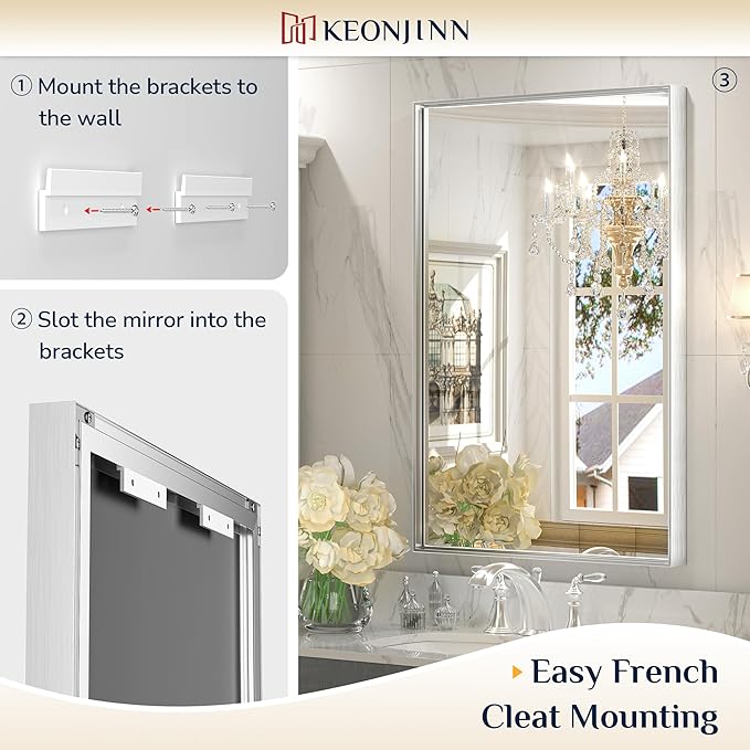Keonjinn 16 x 24 Inch Brushed Silver Bathroom Mirror for Wall, Silver Rectangle Vanity Mirror, Modern Farmhouse Mirrors, Metal Framed Rectangular Square Corner Mirrors(Horizontal/Vertical)