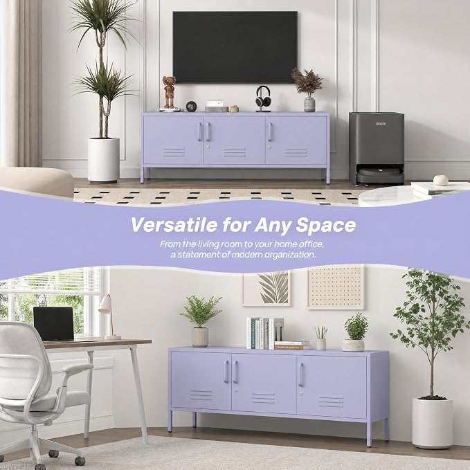 Metal Storage Cabinet with Adjustable Shelves, Wide Lockable TV Stand, Multipurpose Accent Cabinet, Purple Colorful Locker for Home Office Living Room, 22" H x 47.3" x 13.8" D