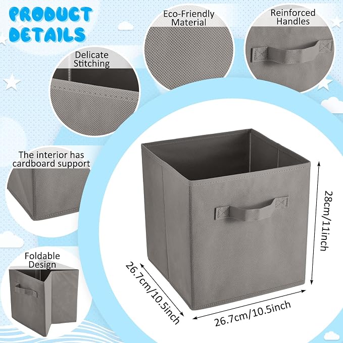 Yinder 12 Pcs Cube Storage Bin Grey 10.5''x10.5''x11'' Storage Bins for Playroom Decor Colorful Bins for Kids Foldable Baskets for Nursery Organizer Boxes Fabric Boxes