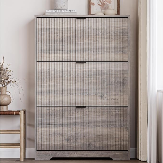 BORNOON Entryway Shoe Cabinet with 3 Flip Drawers, Narrow Shoe Organizer Cabinet with Fluted Panel and Adjustable Shelves for Foyer, Hallway