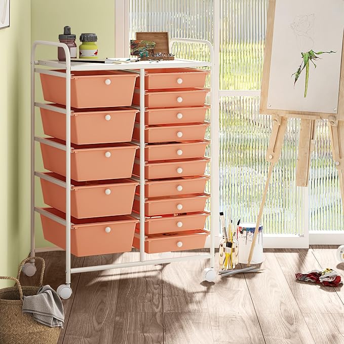 Moccha 15-Drawer Rolling Storage Cart - Under Desk Storage Drawers with wheels for Craft Art Supply Paper Salon, Scrapbook Paper Tools, Mobile Utility Cart for Classroom (15 Drawers, Peach)