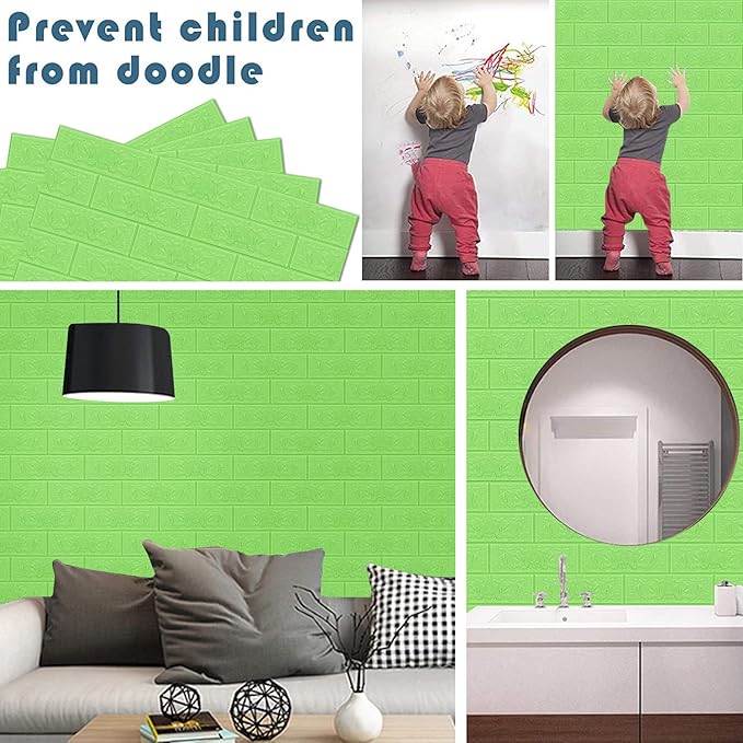 3D Wall Panels, 29 sq.feet Coverage, Printable Wallpaper Sticker with Self-Adhesive Waterproof Brick PE Foam Wall Panels Peel and Stick for Interior Wall Decor, Home Decoration 20 PCS Green