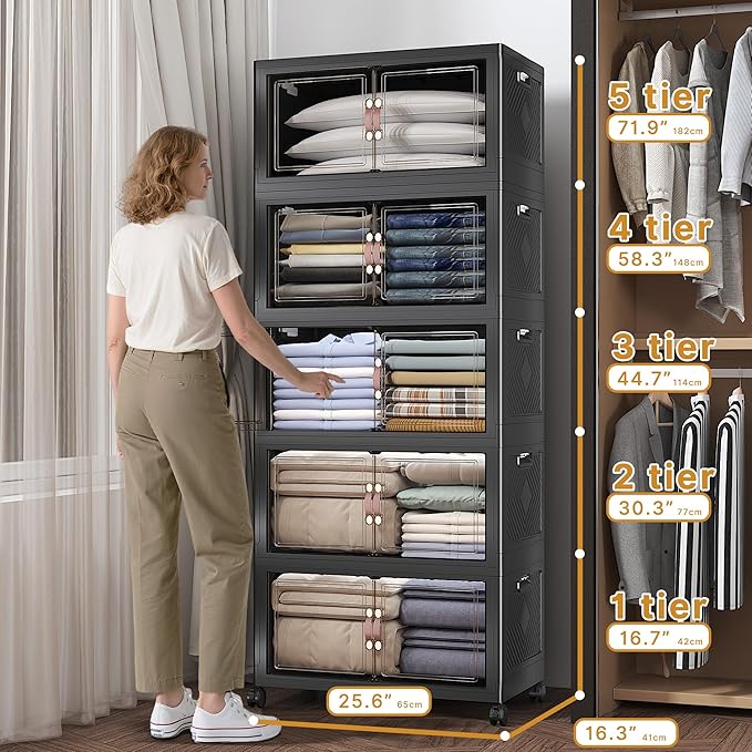 UAMFURI Extra Large Stackable Storage Bins with Lids & Wheels, Foldable Collapsible Closet Organizers Dark Storage Cabinet with Doors for Bedroom Dorm