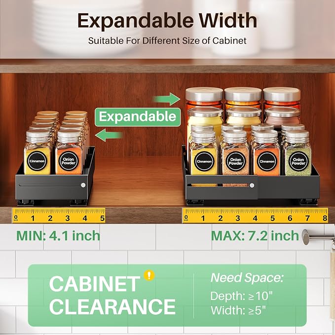 SNTD Pull Out Spice Rack for Upper Cabinet - Expandable Organizer with Smooth Ball Bearing Slides, No Drill Mounting Spice Storage for Kitchen (1 Pack, 4.1" to 7.2" W X 10" D X 2.2" H)