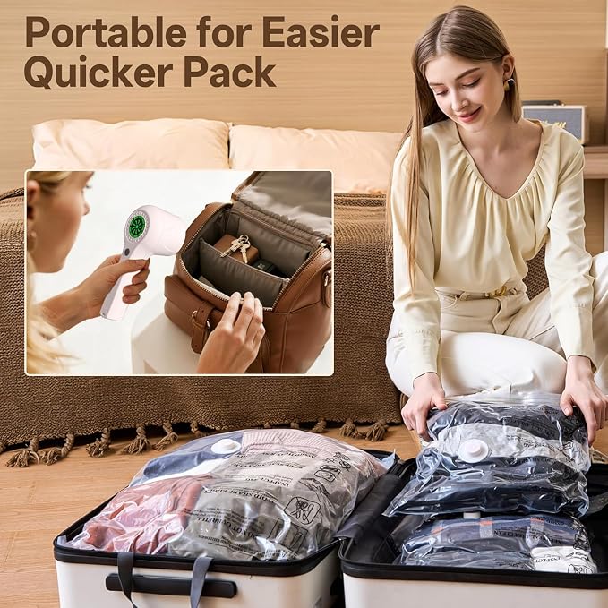 Travel Vacuum Storage Bag with Rechargeable Cordless Pump, 15 Pack Vacuum Seal Space Saver Bags for Clothing Clothes Luggage & Suitcase Compression Packing