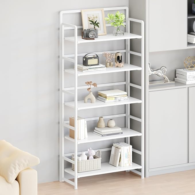 No Assembly Folding Bookshelf, 5 Tiers Collapsible Book Shelf for Home Office, Vintage Wood Foldable Bookcase Storage Organizer for Living Room Bedroom (White)