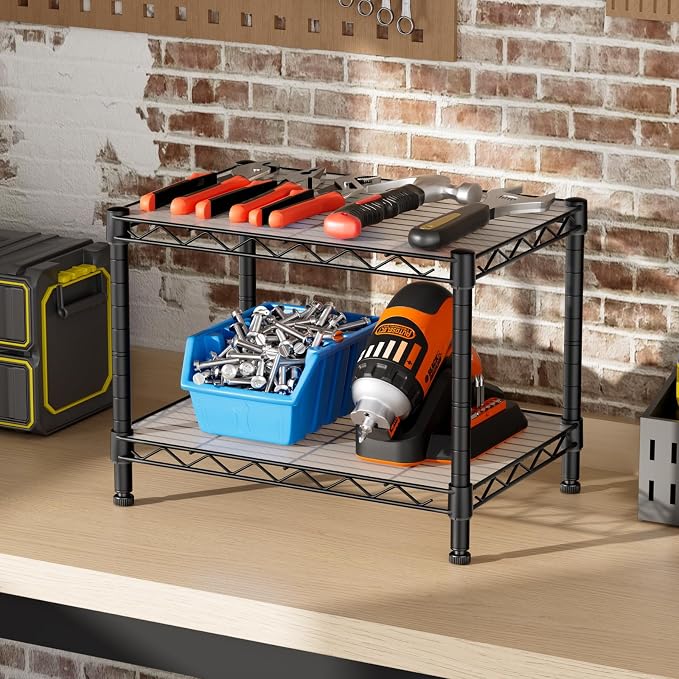 SINGAYE Small Wire 2 Shelves Pantry Metal Shelf Floor Organizer Under Desk | Armoire Adjustable Floor Kitchen Narrow Organizer Rack Shelving Short Square Stackable Standing Storage Tier Under Unit