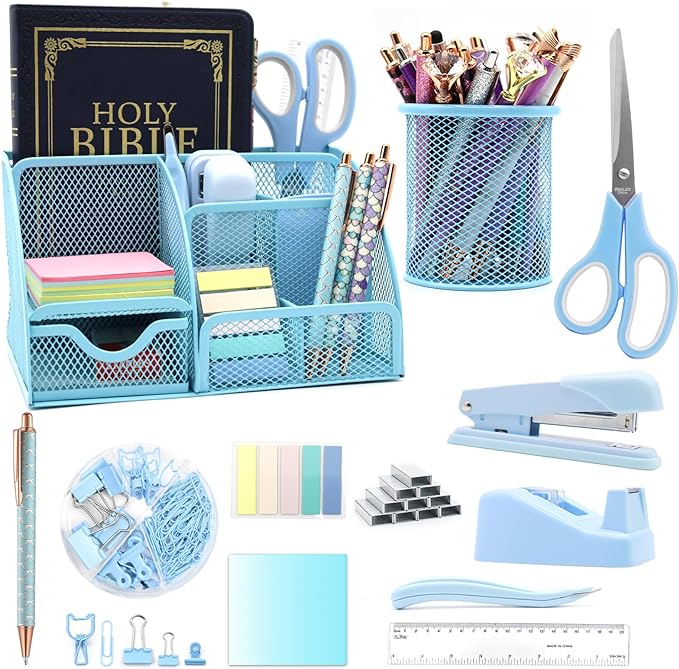 12 in 1 Desk Organizers and Accessories Set, Blue Gifts for Coworkers, Office Supplies Include Stapler Pen Holder Tape Holder Scissors Ruler Staple Remover for Home School